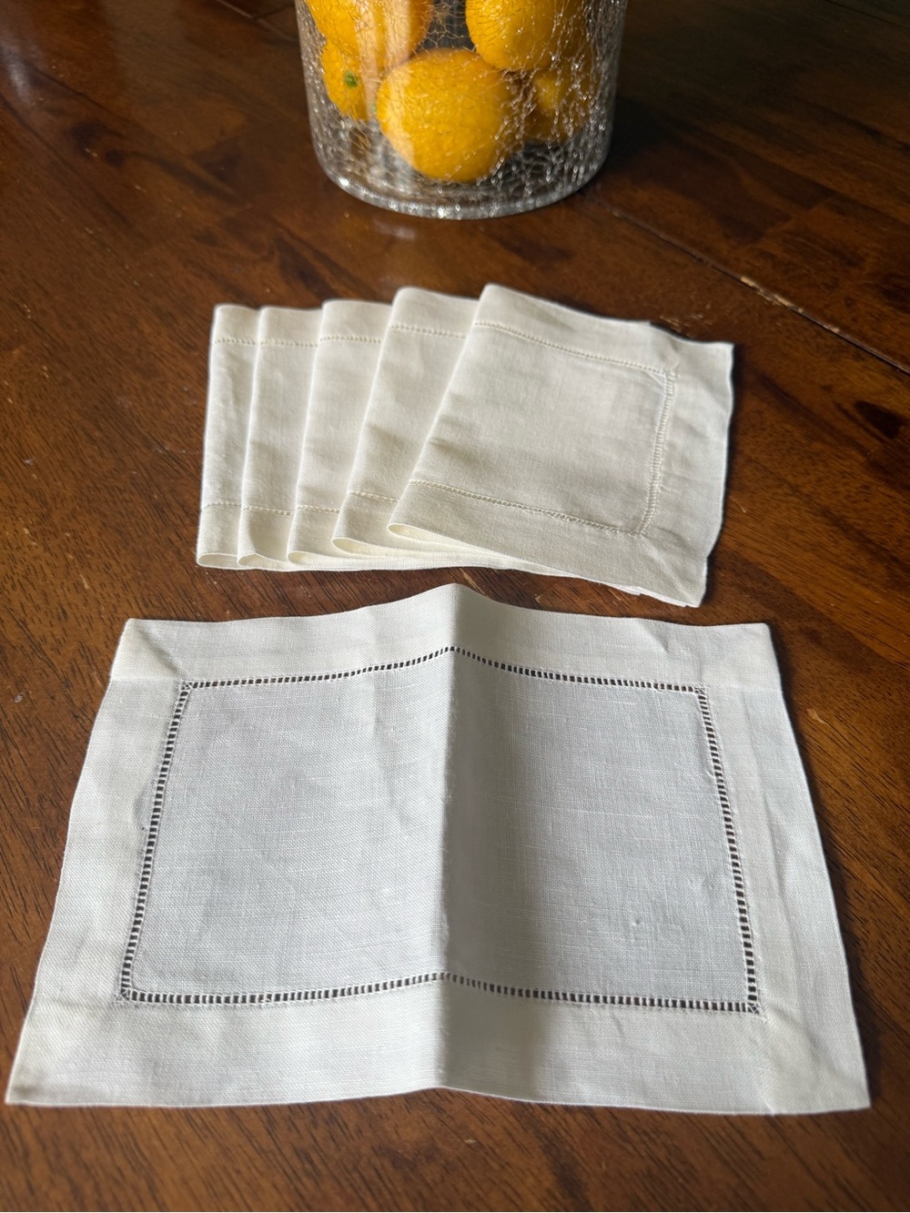 Vintage White Linen Cocktail Napkins with Hemstitch Border Set of 6